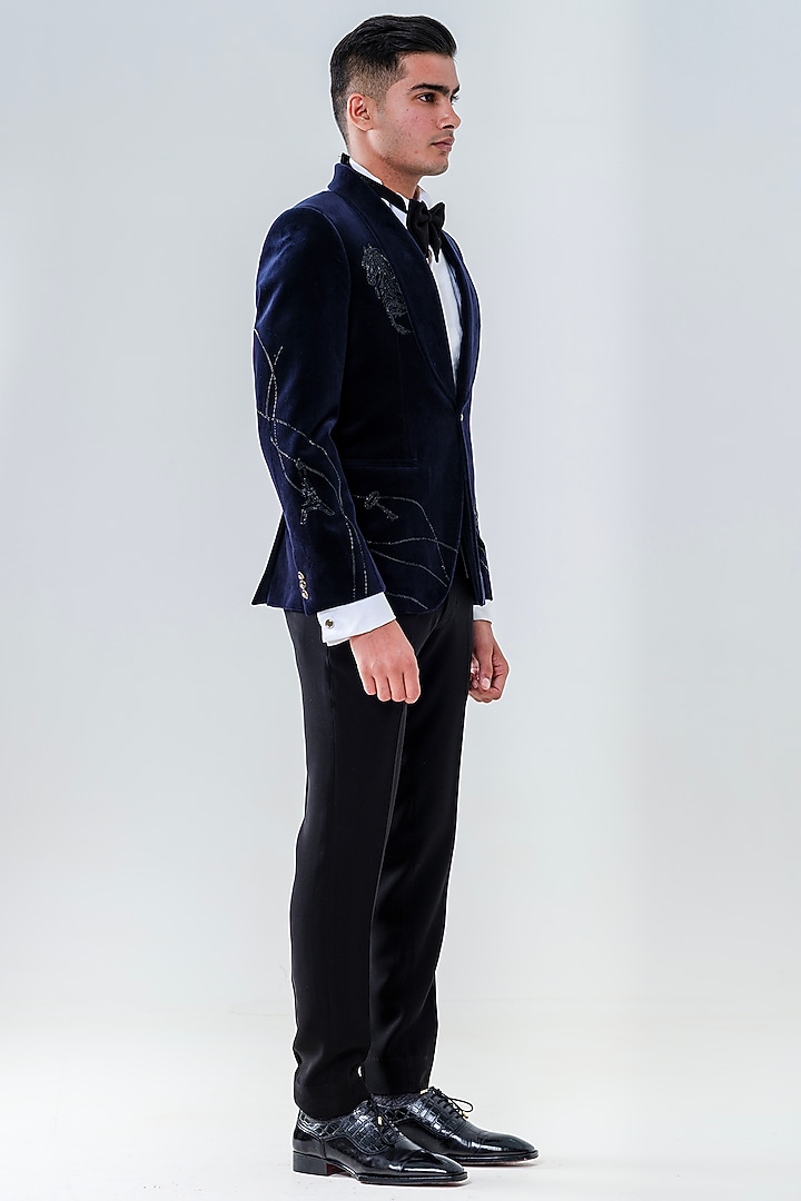Navy Blue Velvet Embroidered Tuxedo Set by Amrit Dawani at Pernia's Pop Up Shop