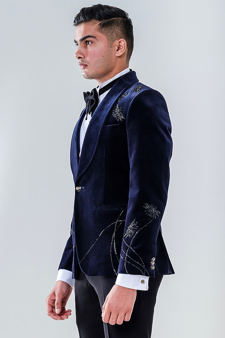 Navy Blue Velvet Embroidered Tuxedo Set by Amrit Dawani at Pernia's Pop Up Shop