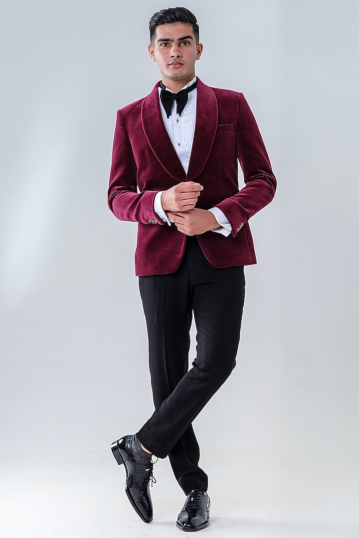 Maroon Velvet Tuxedo Set by Amrit Dawani