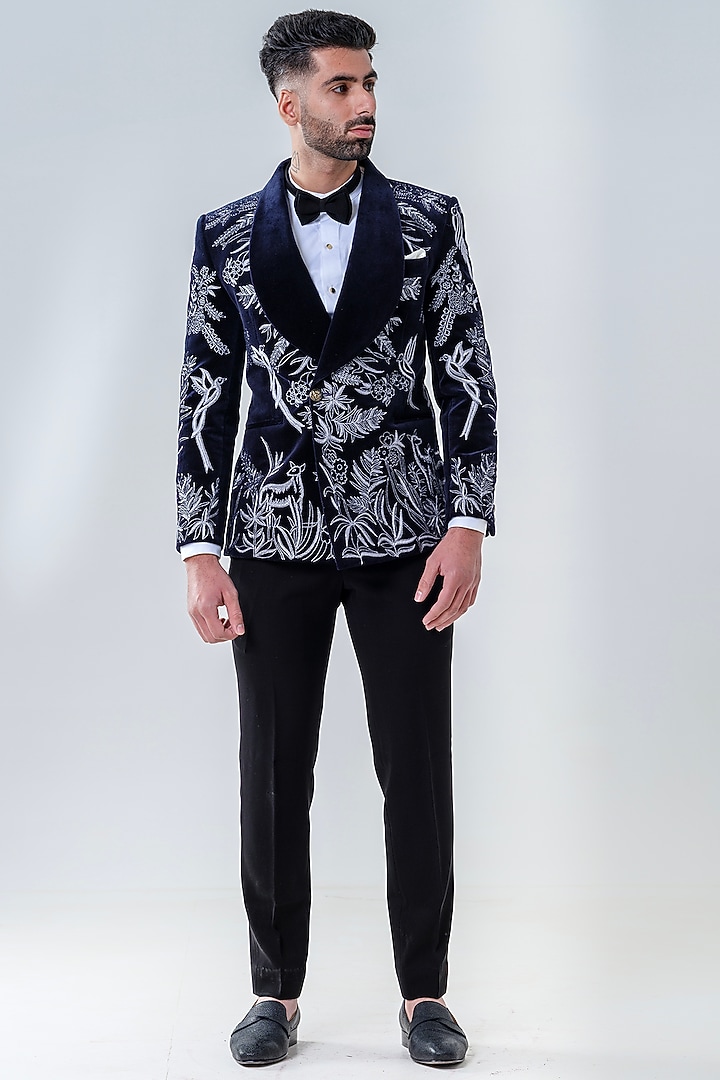 Navy Velvet Embroidered Tuxedo Set by Amrit Dawani at Pernia's Pop Up Shop