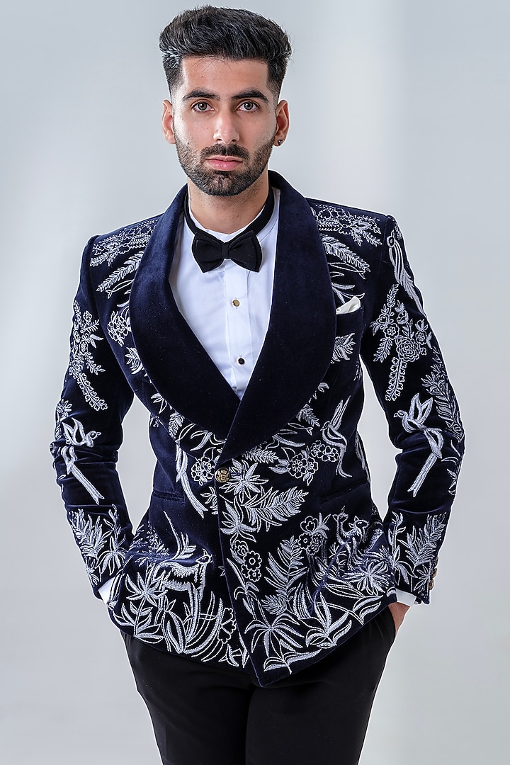 Navy Velvet Embroidered Tuxedo Set by Amrit Dawani at Pernia's Pop Up Shop