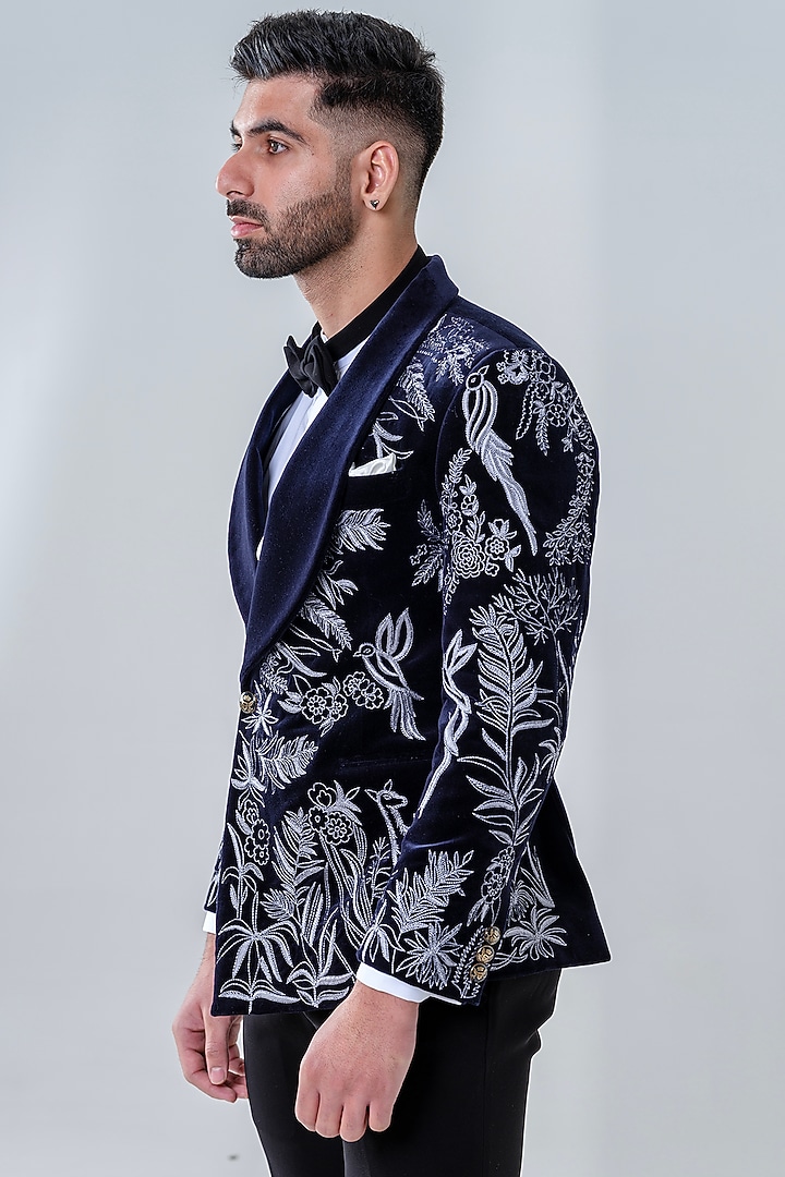 Navy Velvet Embroidered Tuxedo Set by Amrit Dawani at Pernia's Pop Up Shop