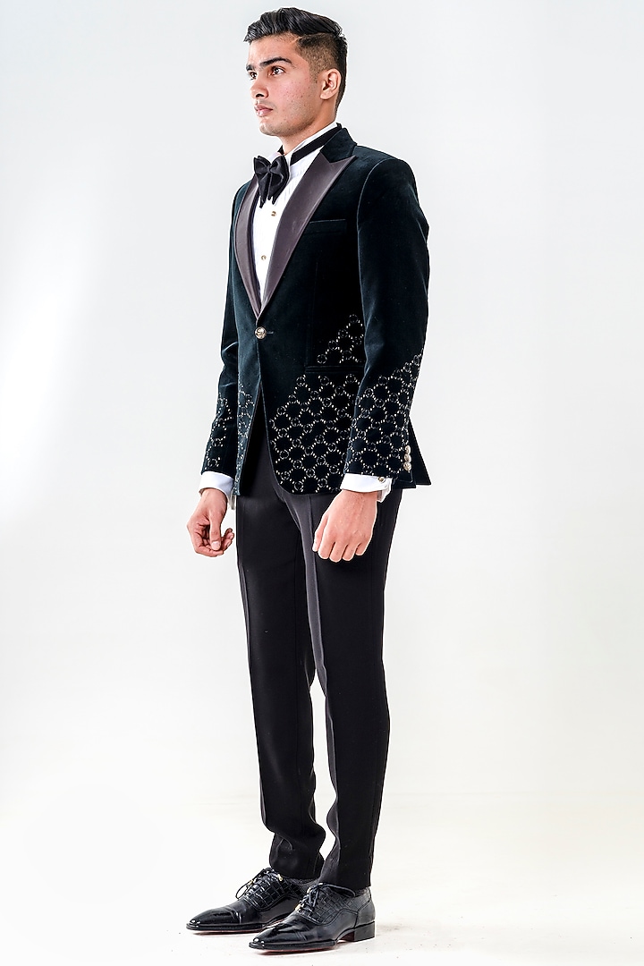 Black Velvet Embroidered Tuxedo Set by Amrit Dawani at Pernia's Pop Up Shop