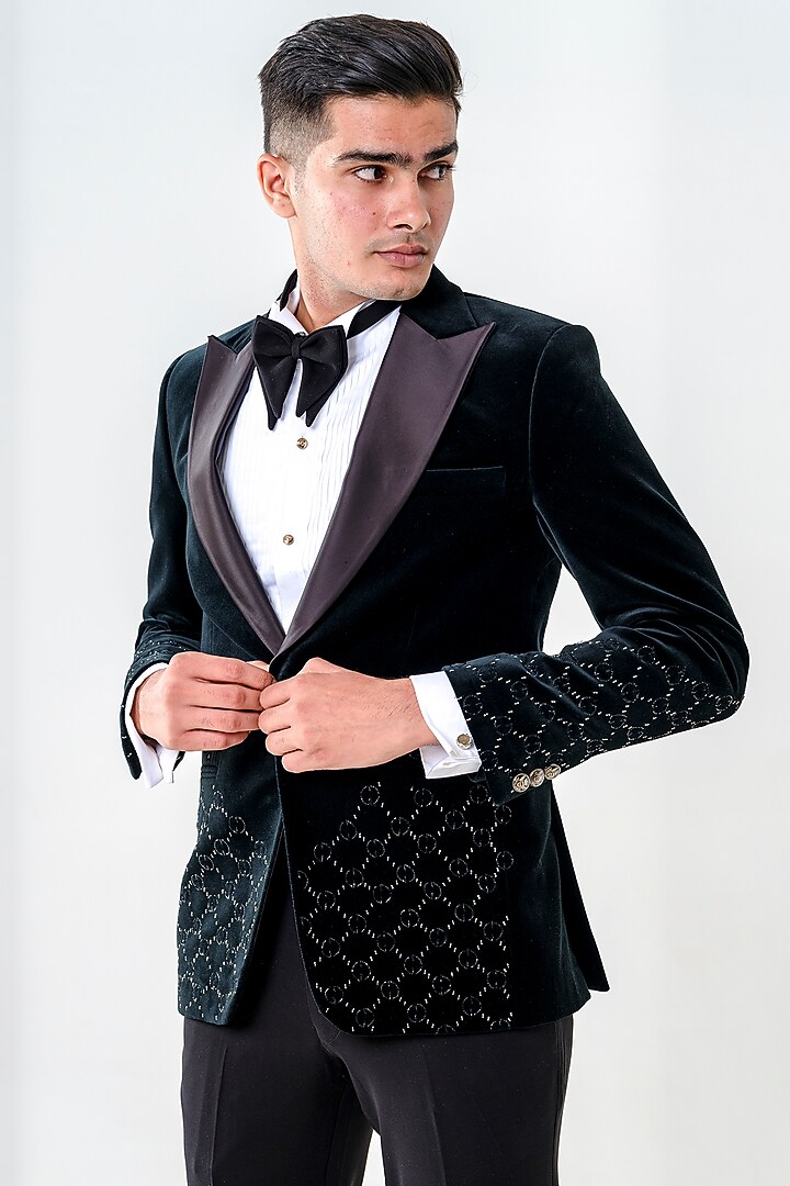 Black Velvet Embroidered Tuxedo Set by Amrit Dawani at Pernia's Pop Up Shop