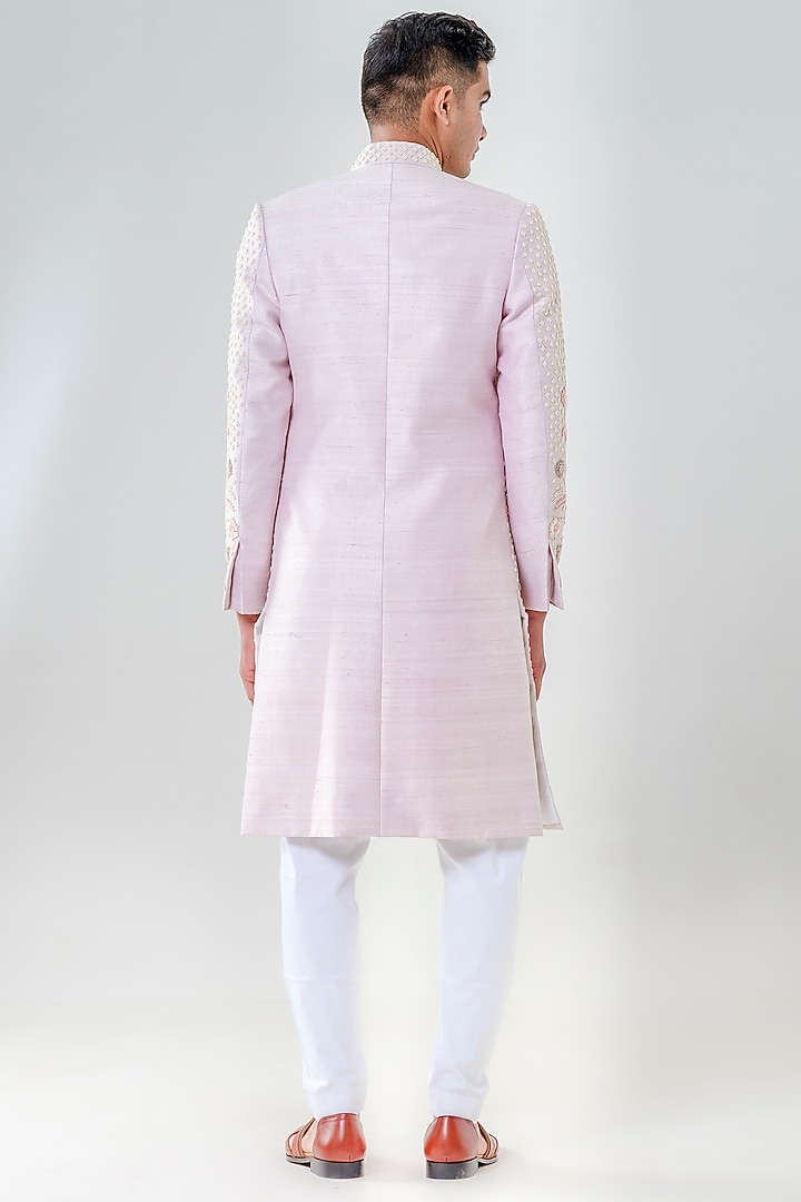 Salmon Pink Raw Silk Motif Embellished Groom Sherwani Set by Amrit Dawani at Pernia's Pop Up Shop