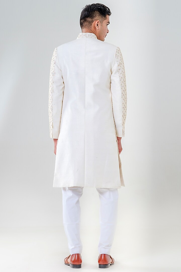 Ivory Silk Embellished Groom Sherwani Set by Amrit Dawani at Pernia's Pop Up Shop