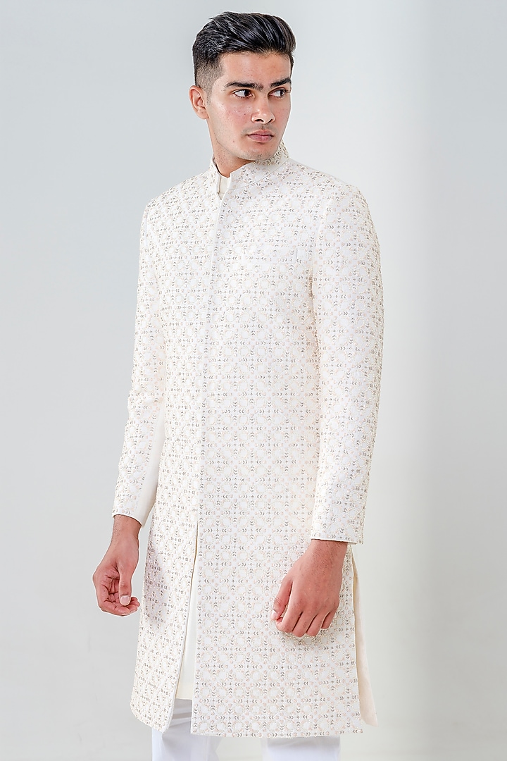 Ivory Silk Embellished Groom Sherwani Set by Amrit Dawani at Pernia's Pop Up Shop
