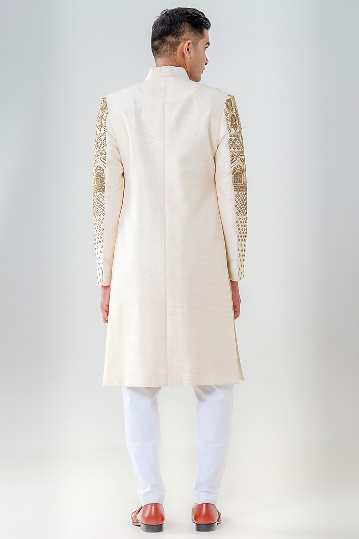 Cream-Gold Raw Silk Embellished Groom Sherwani Set by Amrit Dawani at Pernia's Pop Up Shop