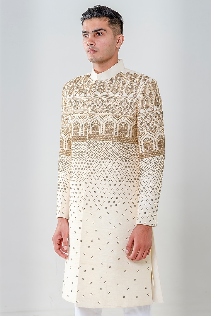Cream-Gold Raw Silk Embellished Groom Sherwani Set by Amrit Dawani at Pernia's Pop Up Shop