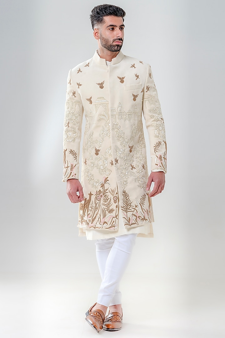 Ivory Velvet Embellished Sherwani Set by Amrit Dawani