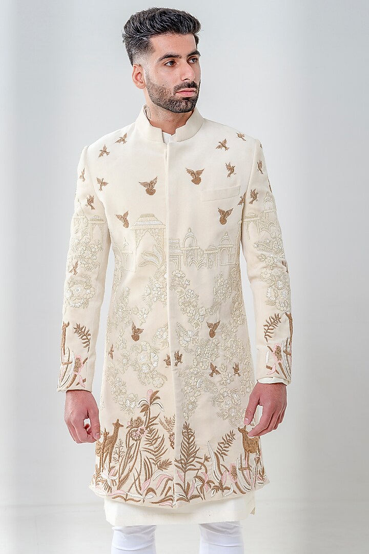 Ivory Velvet Embellished Groom Sherwani Set by Amrit Dawani at Pernia's Pop Up Shop