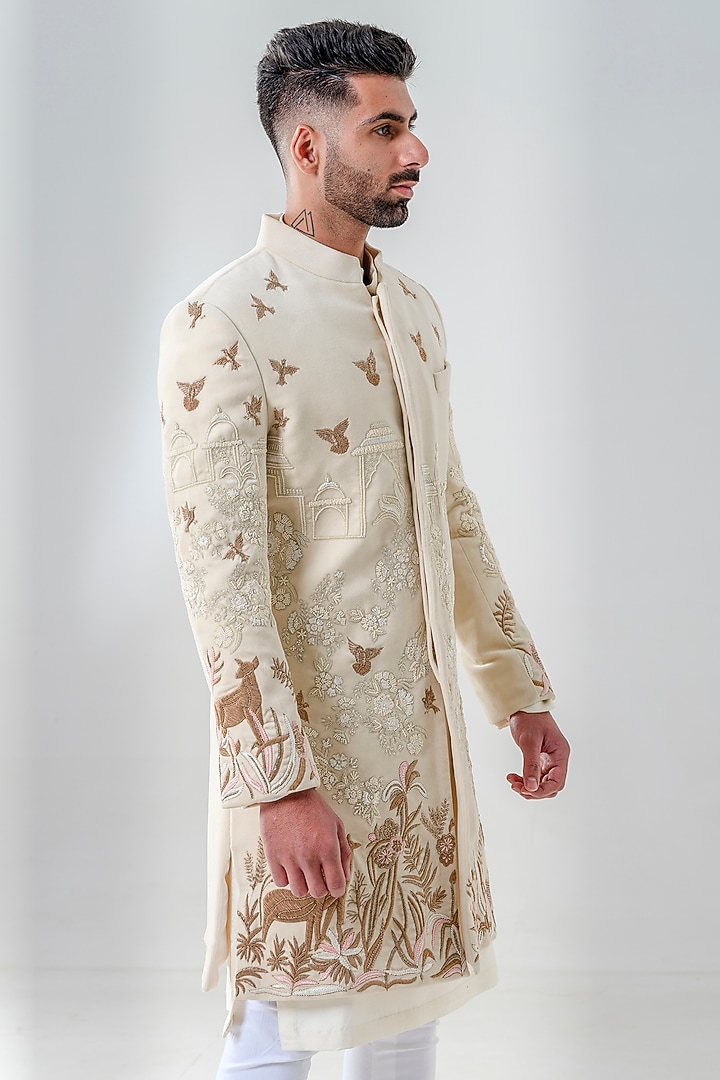 Ivory Velvet Embellished Groom Sherwani Set by Amrit Dawani at Pernia's Pop Up Shop