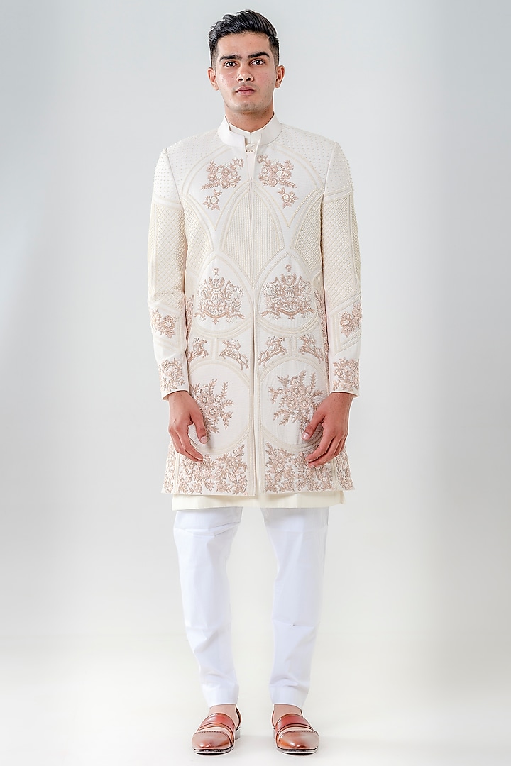Ivory Raw Silk Embellished Sherwani Set by Amrit Dawani