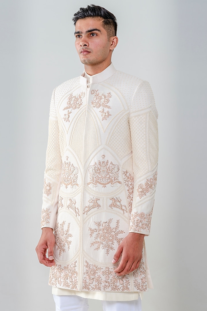 Ivory Raw Silk Embellished Groom Sherwani Set by Amrit Dawani at Pernia's Pop Up Shop
