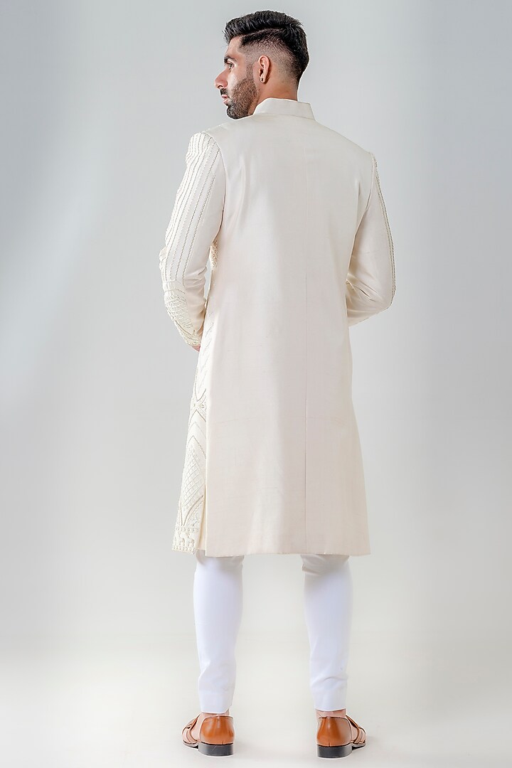 Ivory Raw Silk Embellished Groom Sherwani Set by Amrit Dawani at Pernia's Pop Up Shop