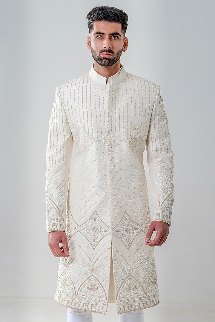 Ivory Raw Silk Embellished Groom Sherwani Set by Amrit Dawani at Pernia's Pop Up Shop
