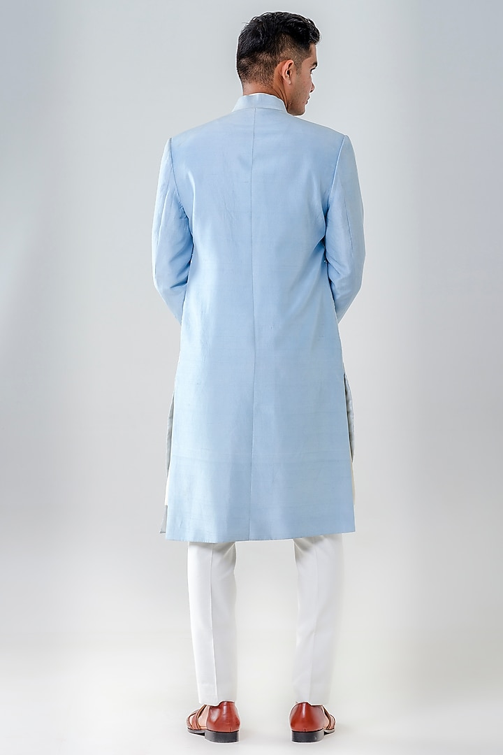 Blue Dupion Silk Embellished Groom Sherwani Set by Amrit Dawani at Pernia's Pop Up Shop