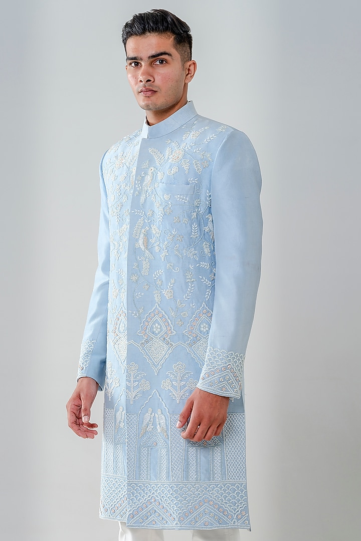 Blue Dupion Silk Embellished Groom Sherwani Set by Amrit Dawani at Pernia's Pop Up Shop