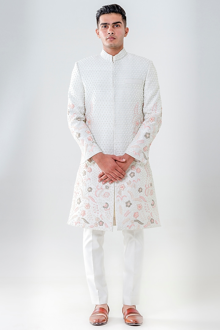 Mint Green Raw Silk Embellished Groom Sherwani Set by Amrit Dawani at Pernia's Pop Up Shop