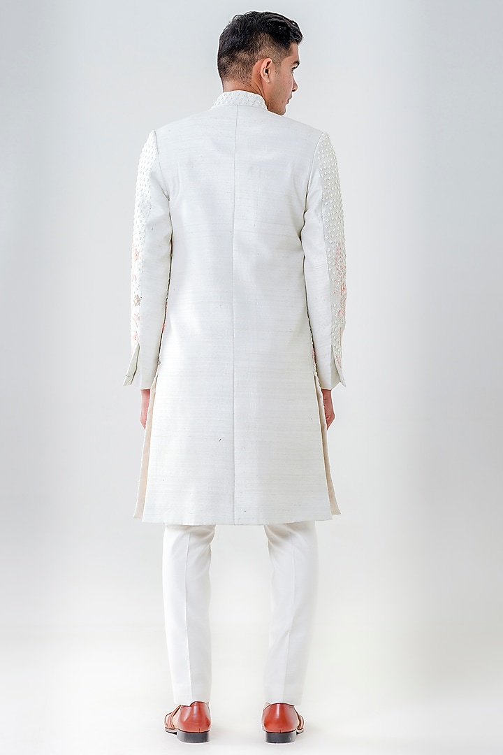 Mint Green Raw Silk Embellished Groom Sherwani Set by Amrit Dawani at Pernia's Pop Up Shop