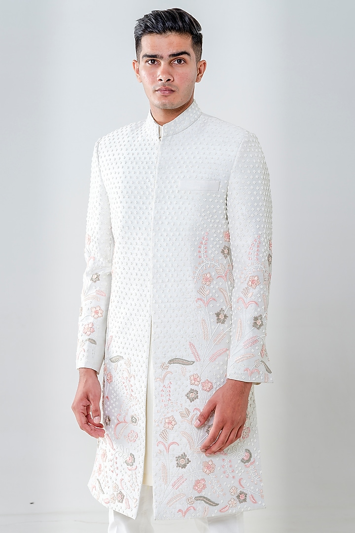 Mint Green Raw Silk Embellished Groom Sherwani Set by Amrit Dawani at Pernia's Pop Up Shop