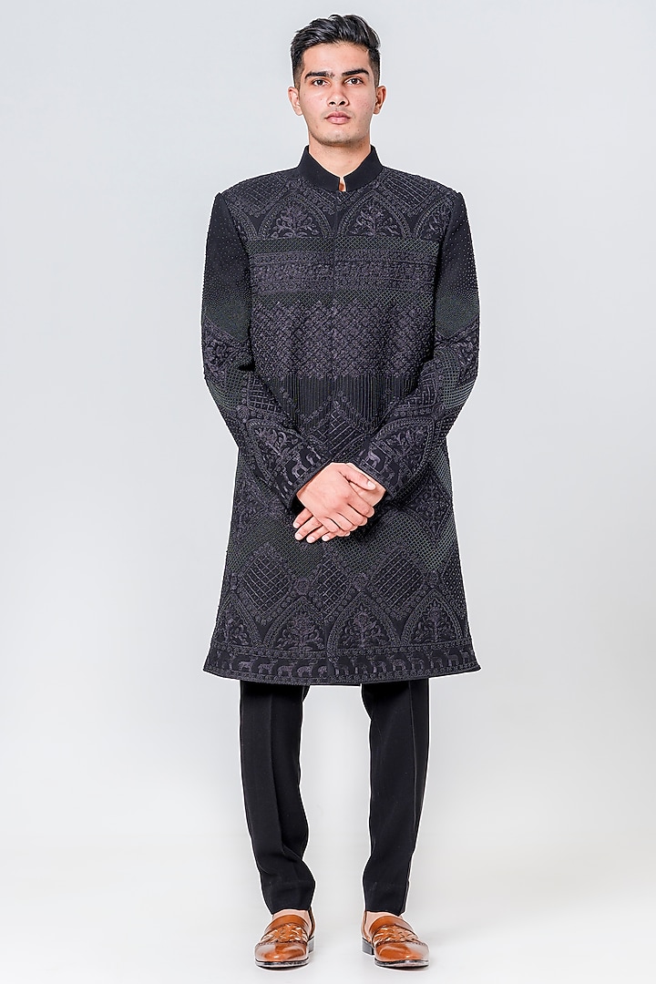 Black Japanese Polyester Embellished Groom Sherwani Set by Amrit Dawani at Pernia's Pop Up Shop