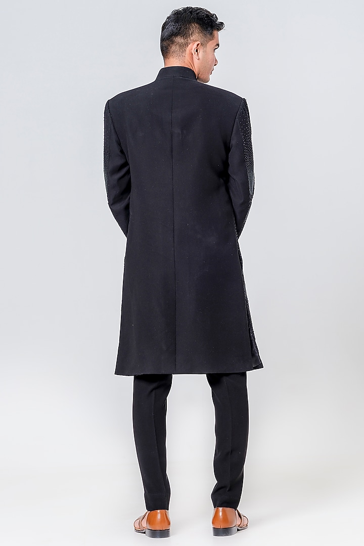 Black Japanese Polyester Embellished Groom Sherwani Set by Amrit Dawani at Pernia's Pop Up Shop