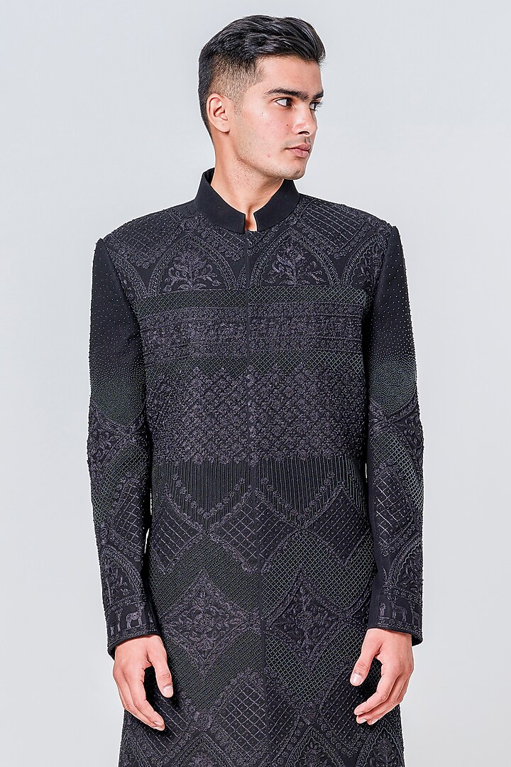 Black Japanese Polyester Embellished Groom Sherwani Set by Amrit Dawani at Pernia's Pop Up Shop