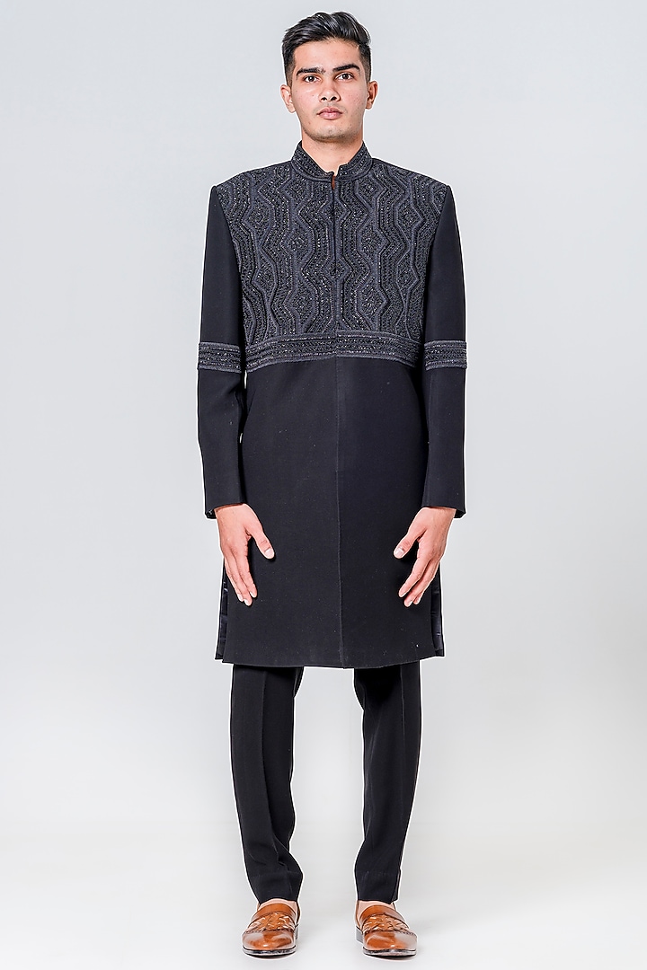 Black Japanese Polyester Embellished Groom Sherwani Set by Amrit Dawani at Pernia's Pop Up Shop