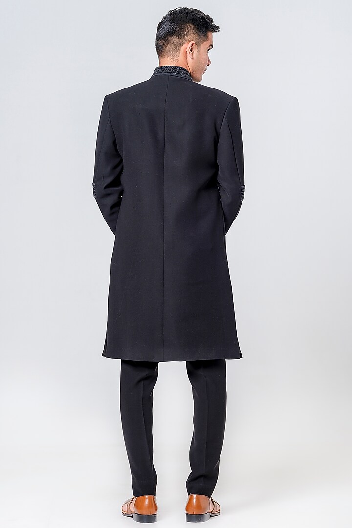 Black Japanese Polyester Embellished Groom Sherwani Set by Amrit Dawani at Pernia's Pop Up Shop