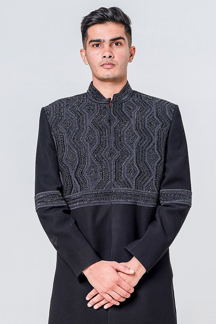 Black Japanese Polyester Embellished Groom Sherwani Set by Amrit Dawani at Pernia's Pop Up Shop