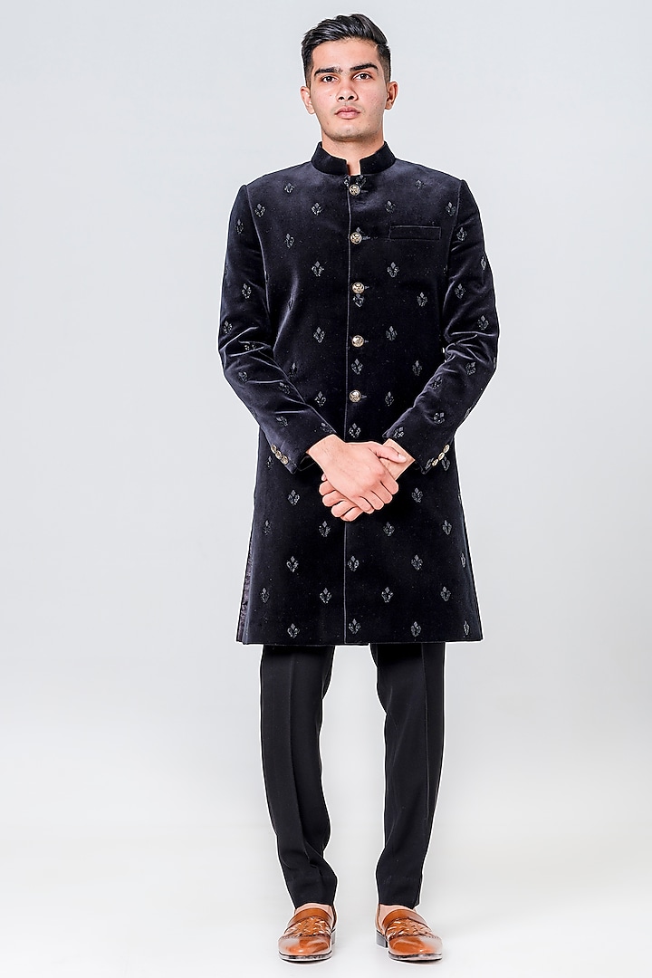 Black Velvet Embellished Sherwani Set by Amrit Dawani