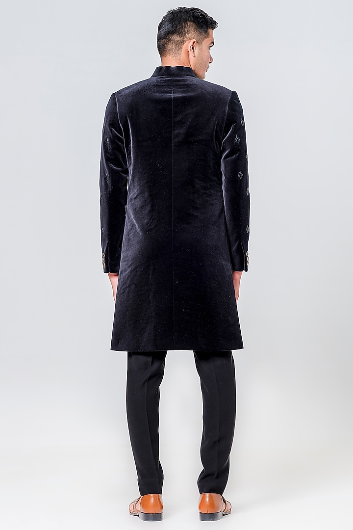Black Velvet Embellished Groom Sherwani Set by Amrit Dawani at Pernia's Pop Up Shop