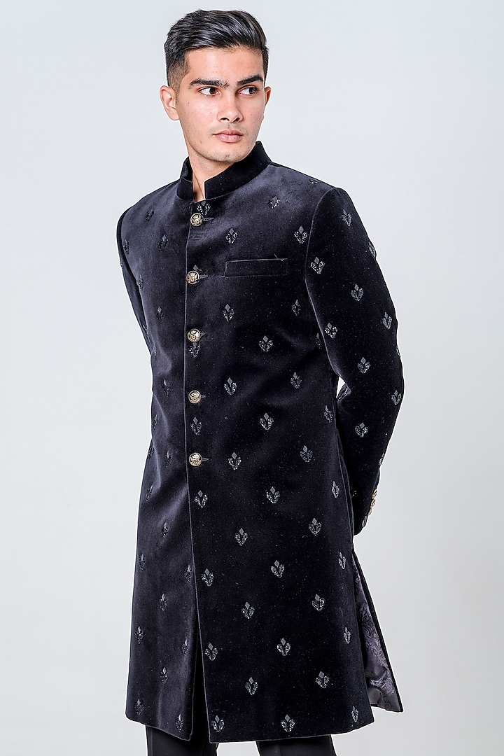 Black Velvet Embellished Groom Sherwani Set by Amrit Dawani at Pernia's Pop Up Shop
