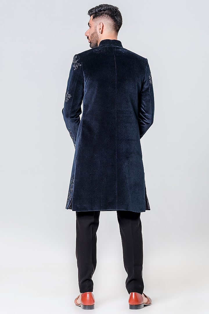 Blue Velvet Embellished Groom Sherwani Set by Amrit Dawani at Pernia's Pop Up Shop
