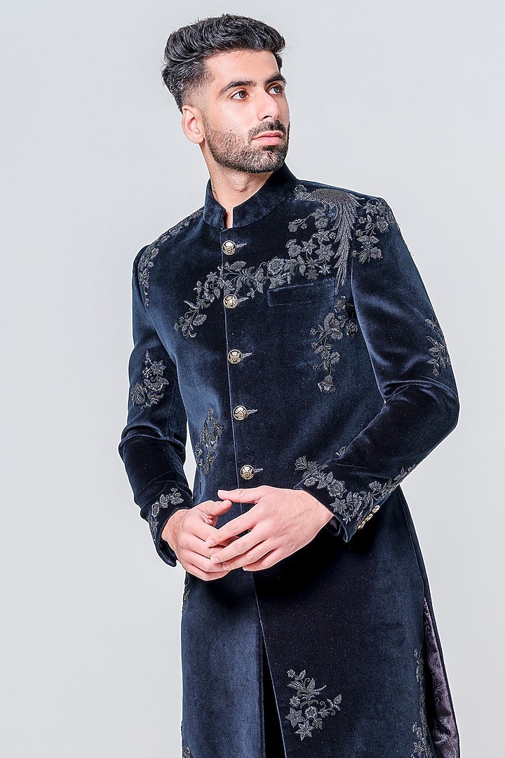 Blue Velvet Embellished Groom Sherwani Set by Amrit Dawani at Pernia's Pop Up Shop