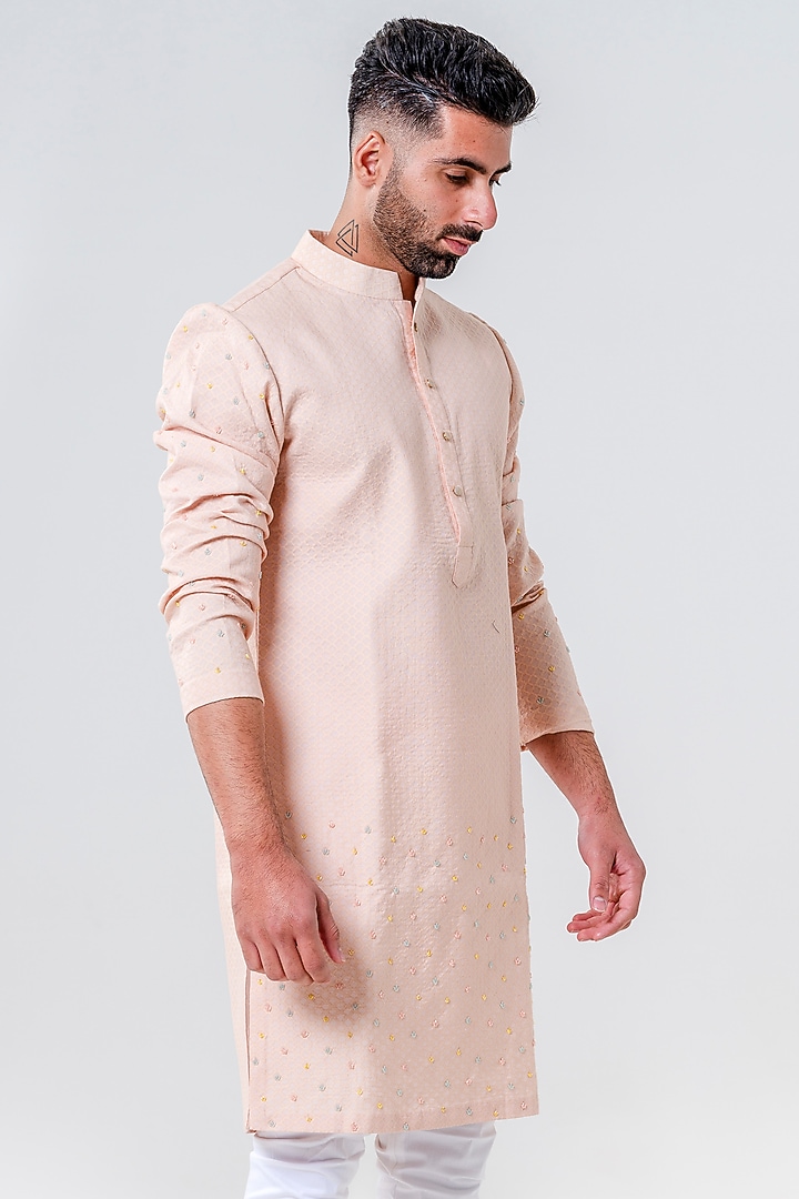 Salmon Pink Self Chanderi Silk Cutdana Embellished Kurta Set by Amrit Dawani at Pernia's Pop Up Shop