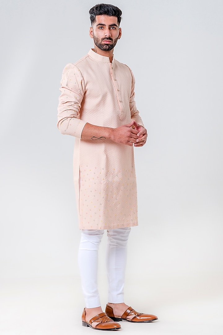 Salmon Pink Self Chanderi Silk Cutdana Embellished Kurta Set by Amrit Dawani at Pernia's Pop Up Shop