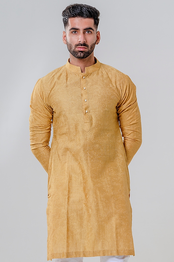 Mustard Lucknowi Cotton Kurta Set by Amrit Dawani at Pernia's Pop Up Shop