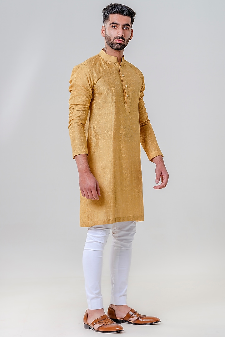 Mustard Lucknowi Cotton Kurta Set by Amrit Dawani at Pernia's Pop Up Shop
