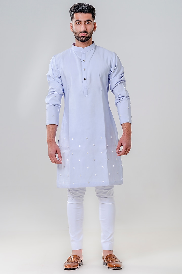 Powder Blue Chanderi Cotton French Knot Embroidered Kurta Set by Amrit Dawani at Pernia's Pop Up Shop
