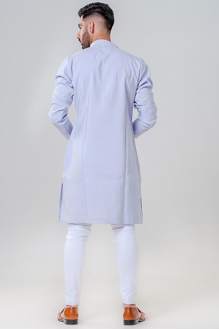 Powder Blue Chanderi Cotton French Knot Embroidered Kurta Set by Amrit Dawani at Pernia's Pop Up Shop
