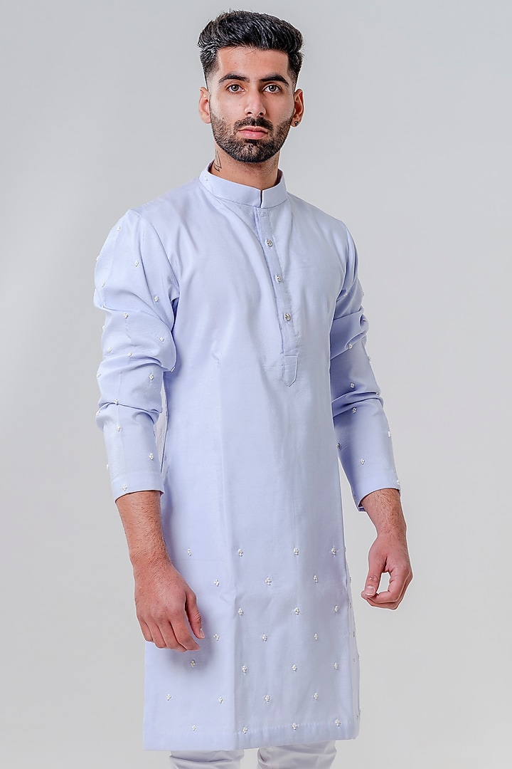 Powder Blue Chanderi Cotton French Knot Embroidered Kurta Set by Amrit Dawani at Pernia's Pop Up Shop