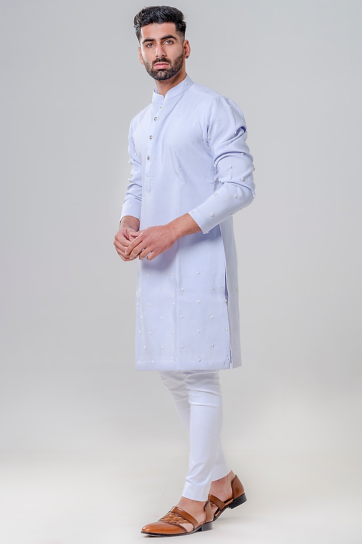 Powder Blue Chanderi Cotton French Knot Embroidered Kurta Set by Amrit Dawani at Pernia's Pop Up Shop