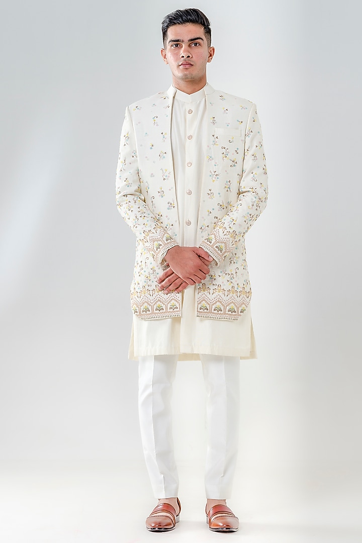 Ivory Dupion Silk Embellished Wedding Indowestern Set by Amrit Dawani at Pernia's Pop Up Shop