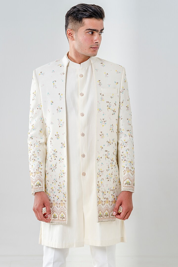 Ivory Dupion Silk Embellished Wedding Indowestern Set by Amrit Dawani at Pernia's Pop Up Shop