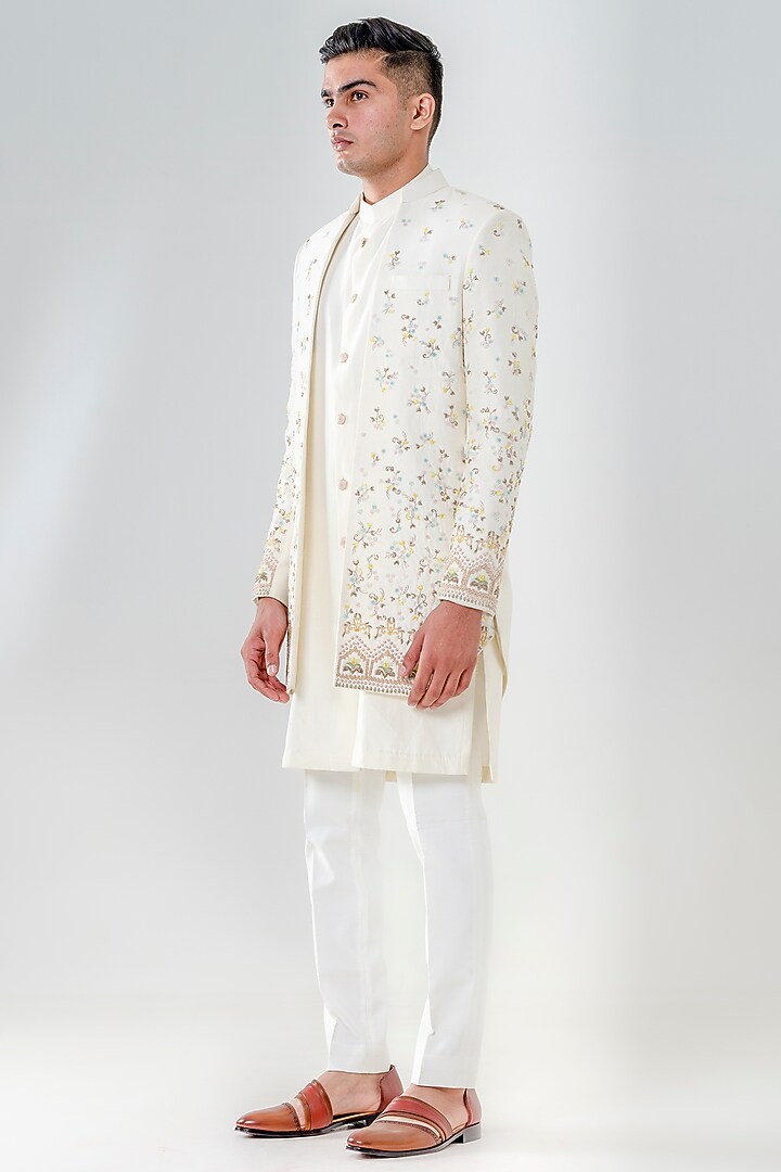 Ivory Dupion Silk Embellished Wedding Indowestern Set by Amrit Dawani at Pernia's Pop Up Shop