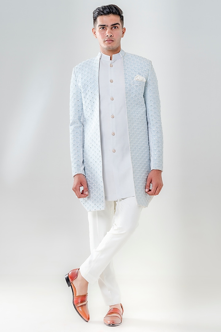 Powder Blue Cotton Embroidered Jacket With Kurta Set by Amrit Dawani