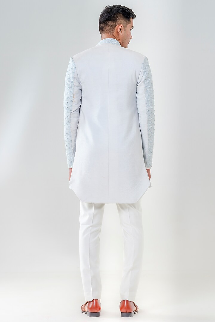 Powder Blue Cotton Silk Wedding Indowestern Set by Amrit Dawani at Pernia's Pop Up Shop