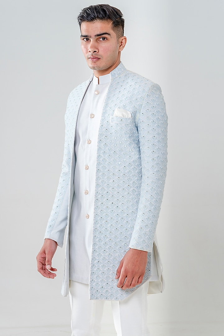 Powder Blue Cotton Silk Wedding Indowestern Set by Amrit Dawani at Pernia's Pop Up Shop
